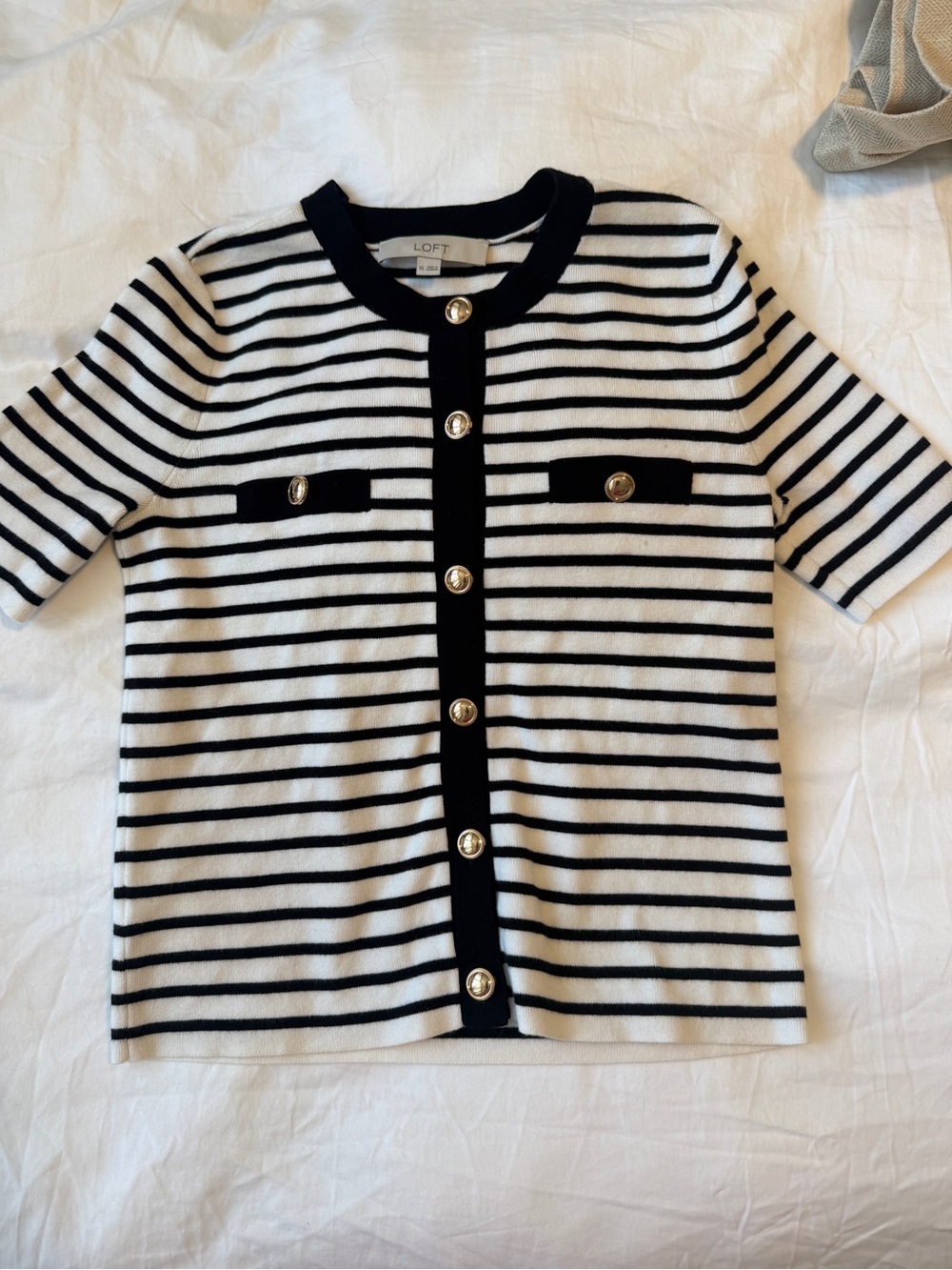 LOFT Black & White Striped Short-Sleeve Cardigan with Gold Buttons